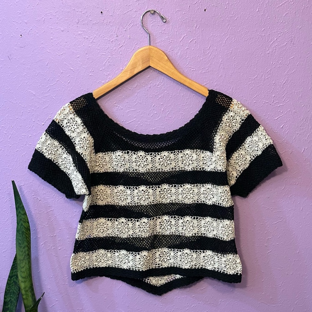 SOLD- Vintage Handmade Crochet Striped Top - Picture 2 of 8
